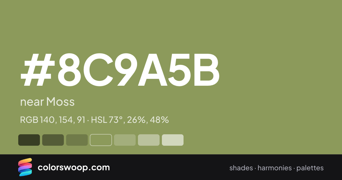 #8C9A5B hex color card: near Moss, RGB 140, 154, 91