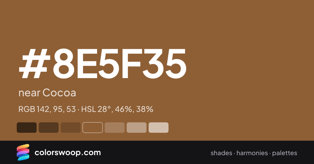 #8E5F35 hex color card: near Cocoa, RGB 142, 95, 53