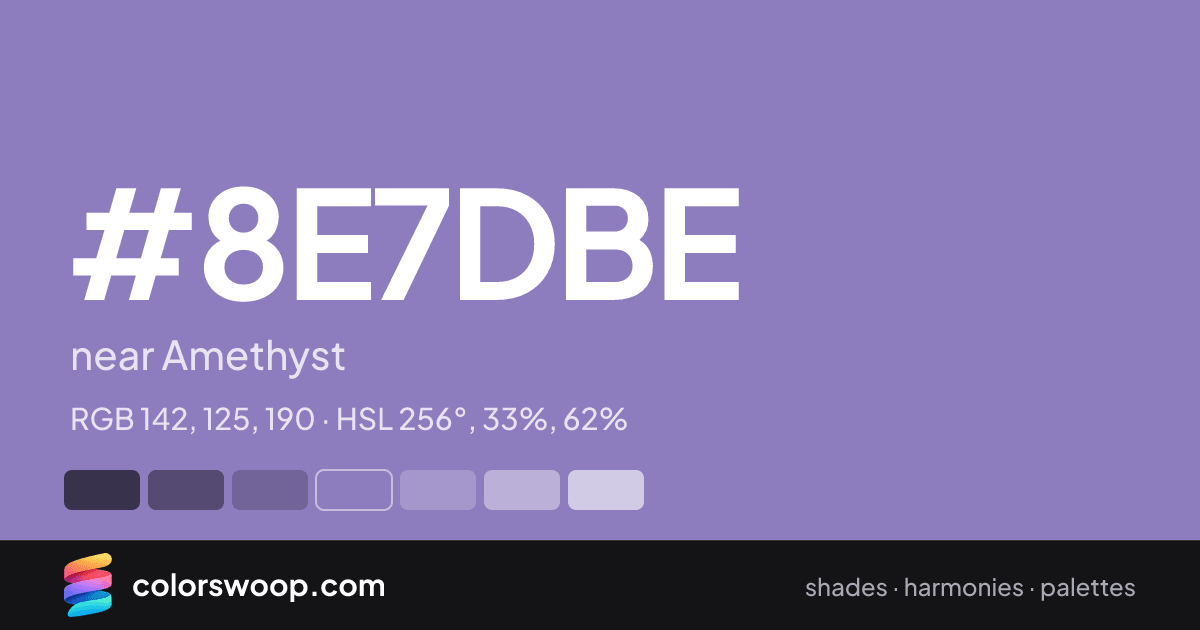 #8E7DBE hex color card: near Amethyst, RGB 142, 125, 190