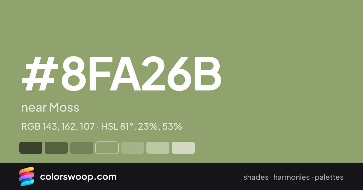 #8FA26B hex color card: near Moss, RGB 143, 162, 107