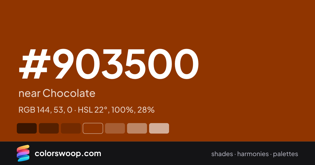 #903500 hex color card: near Chocolate, RGB 144, 53, 0