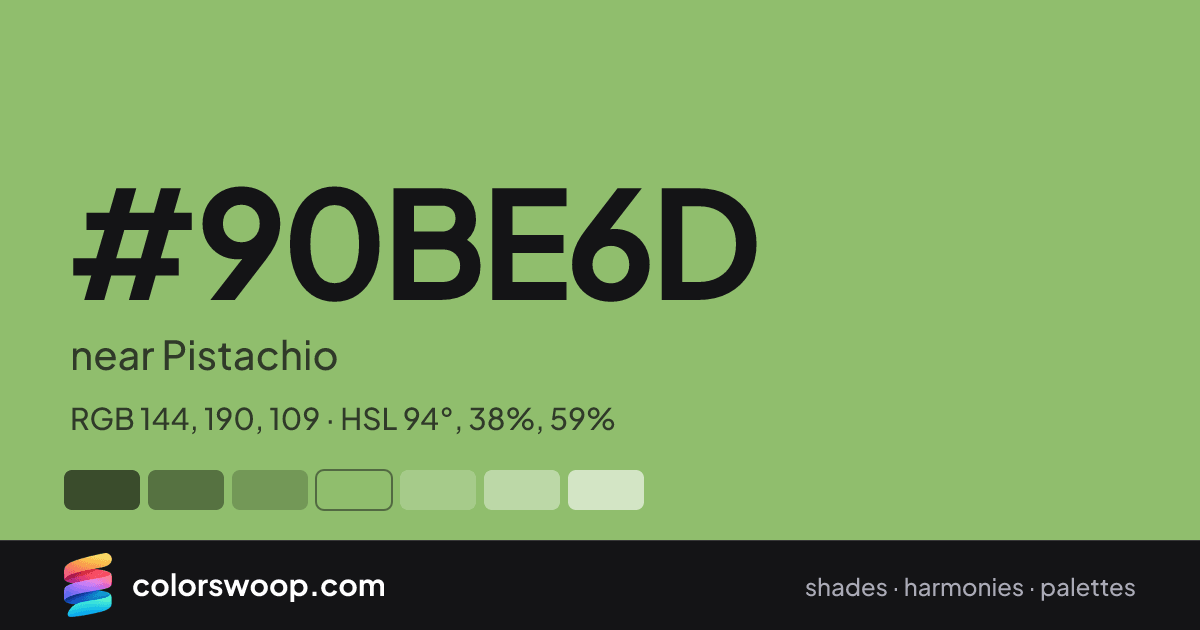 #90BE6D hex color card: near Pistachio, RGB 144, 190, 109