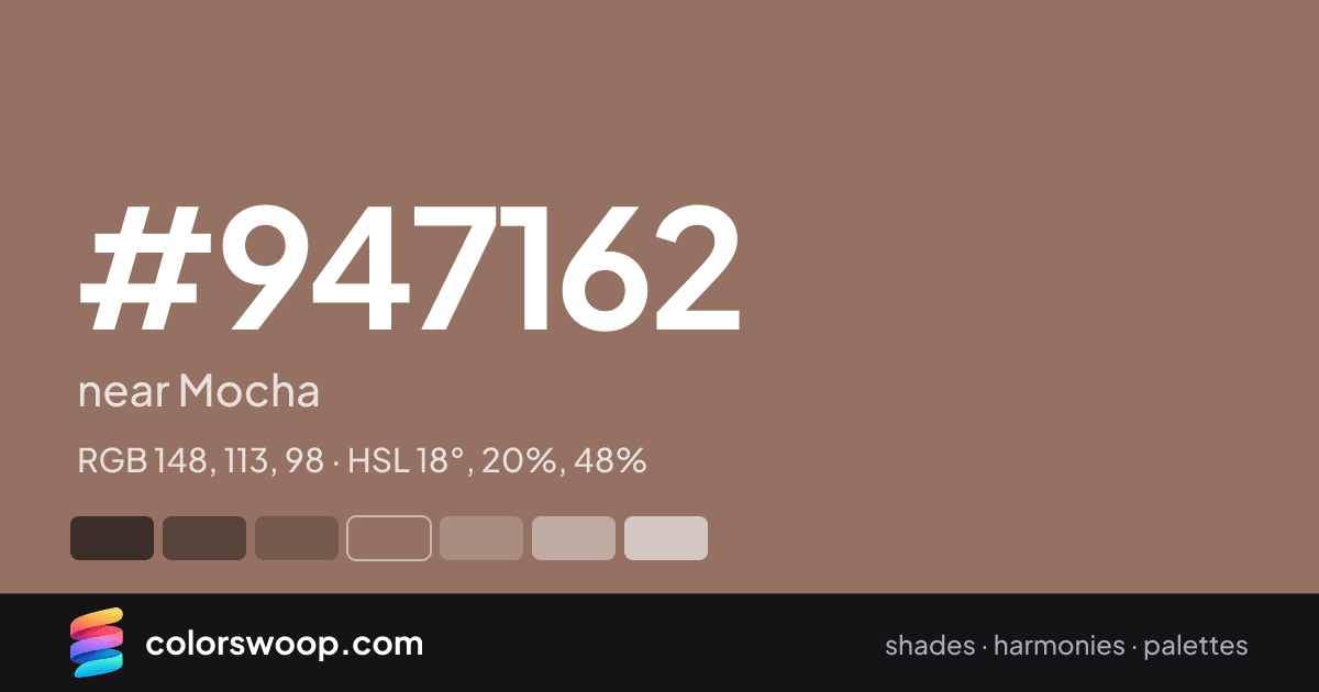#947162 hex color card: near Mocha, RGB 148, 113, 98