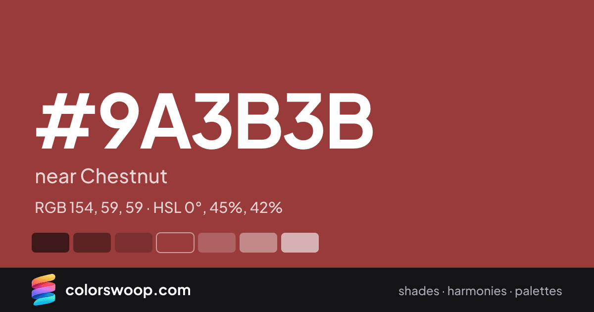 #9A3B3B hex color card: near Chestnut, RGB 154, 59, 59