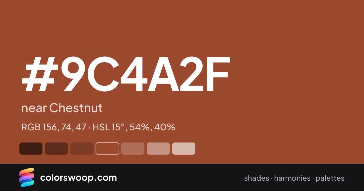 #9C4A2F hex color card: near Chestnut, RGB 156, 74, 47