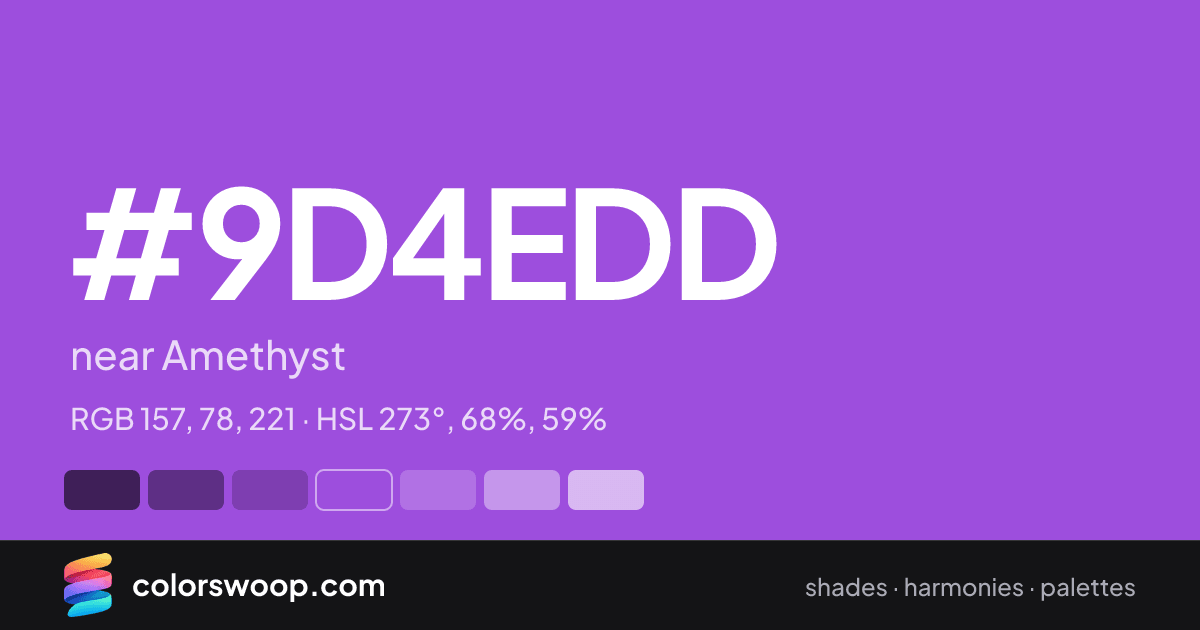 #9D4EDD hex color card: near Amethyst, RGB 157, 78, 221