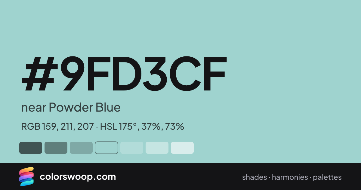 #9FD3CF hex color card: near Powder Blue, RGB 159, 211, 207