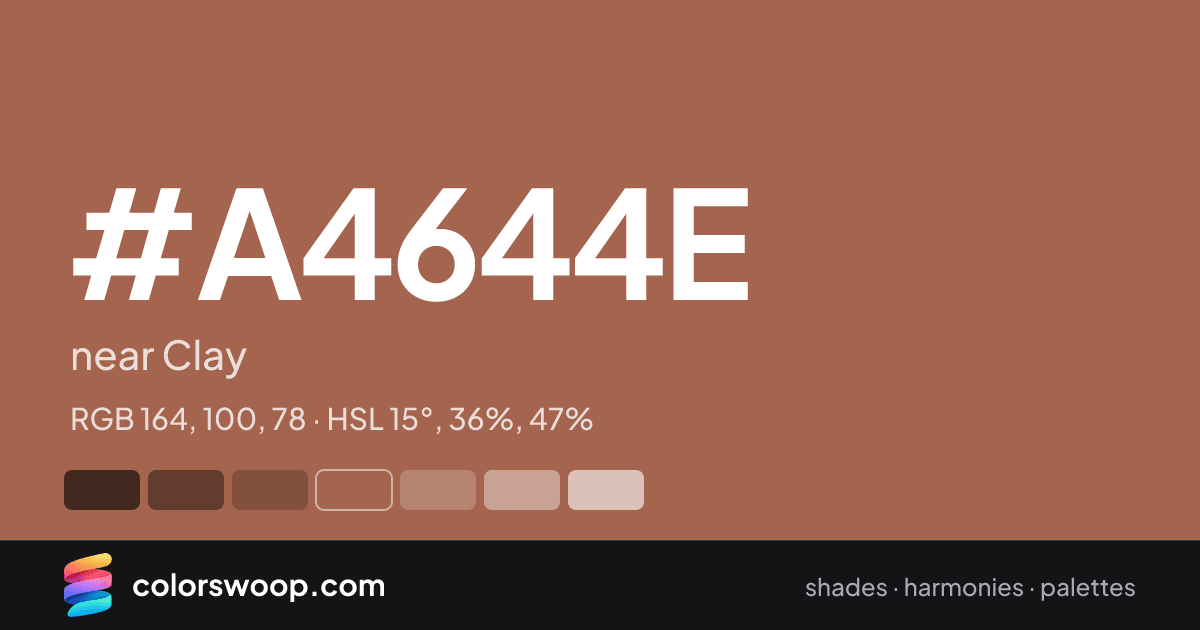 #A4644E hex color card: near Clay, RGB 164, 100, 78