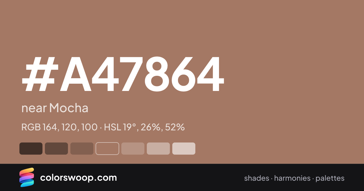 #A47864 hex color card: near Mocha, RGB 164, 120, 100