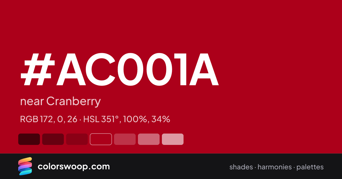 #AC001A hex color card: near Cranberry, RGB 172, 0, 26
