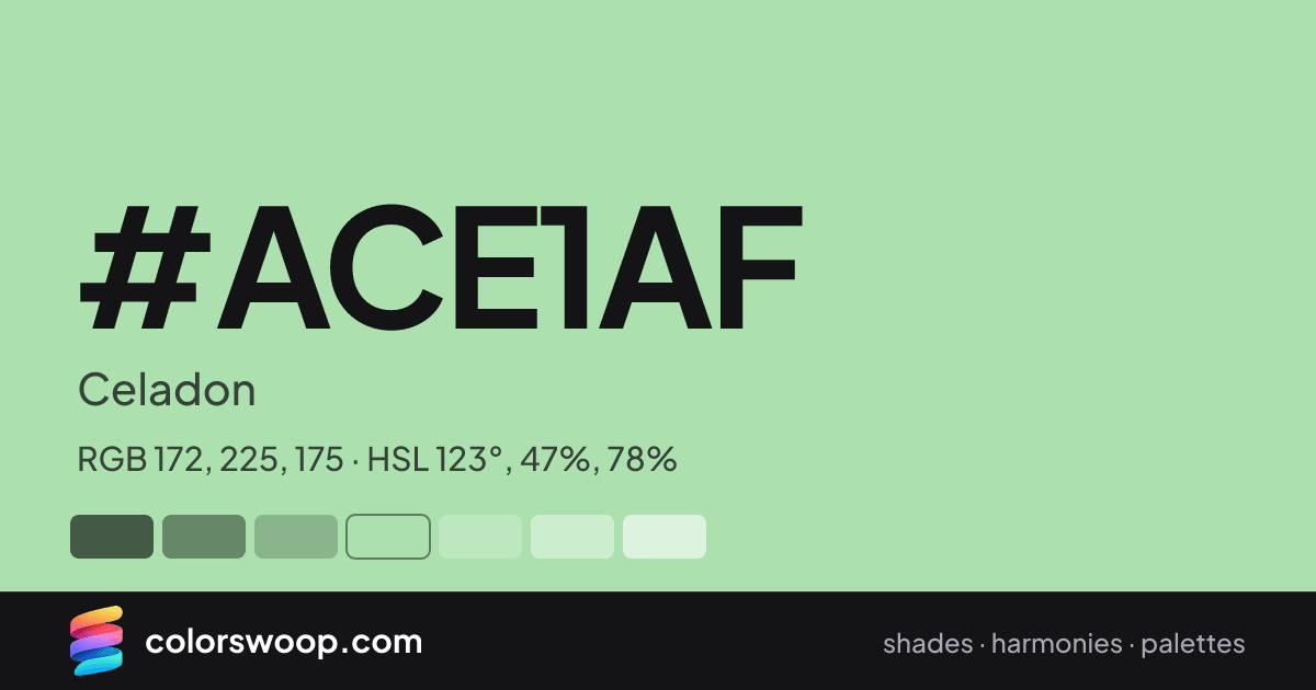 #ACE1AF hex color card: Celadon, RGB 172, 225, 175
