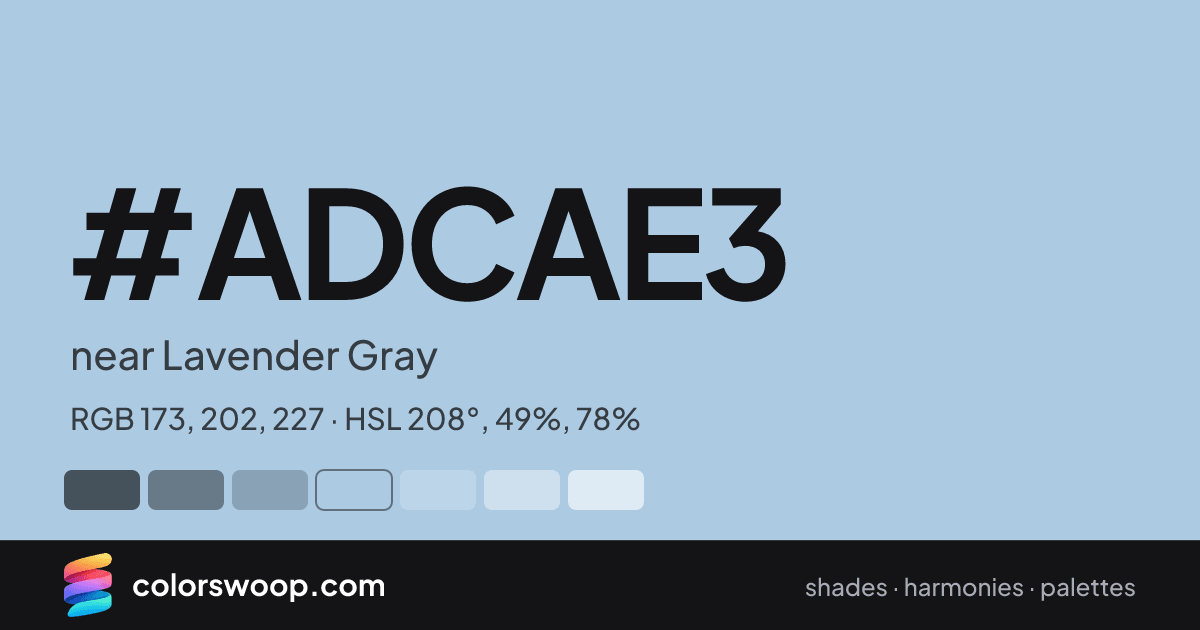 #ADCAE3 hex color card: near Lavender Gray, RGB 173, 202, 227