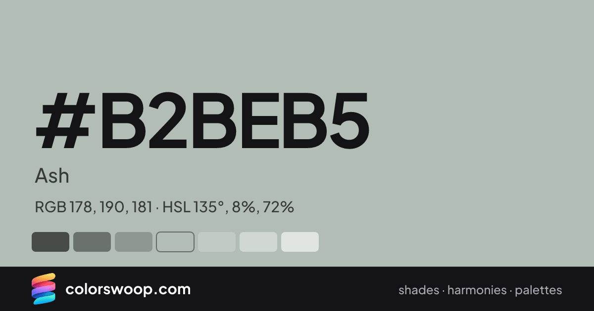 #B2BEB5 hex color card: Ash, RGB 178, 190, 181