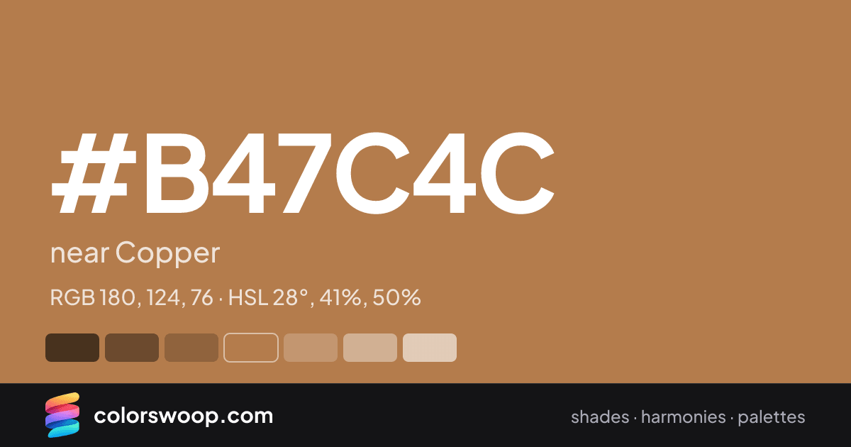 #B47C4C hex color card: near Copper, RGB 180, 124, 76