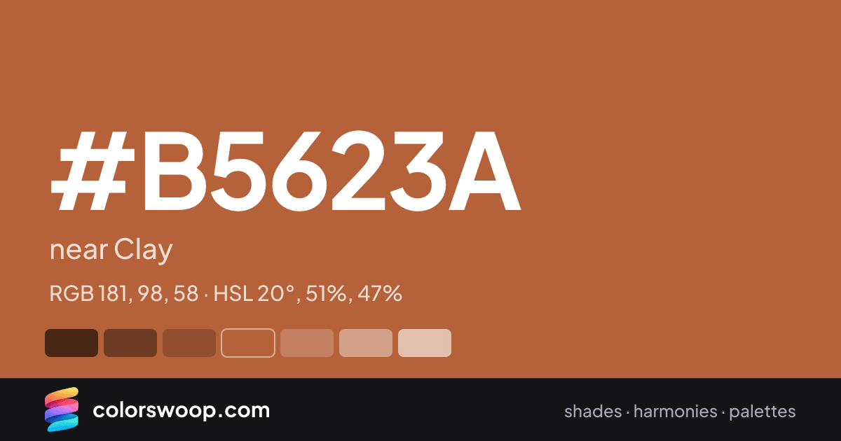 #B5623A hex color card: near Clay, RGB 181, 98, 58