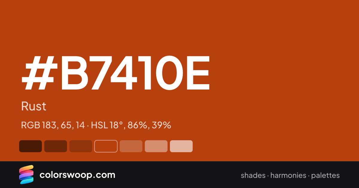 #B7410E hex color card: Rust, RGB 183, 65, 14
