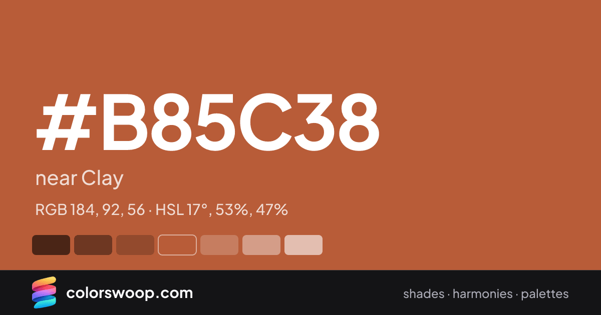 #B85C38 hex color card: near Clay, RGB 184, 92, 56