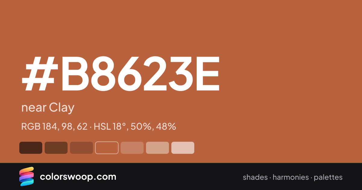 #B8623E hex color card: near Clay, RGB 184, 98, 62
