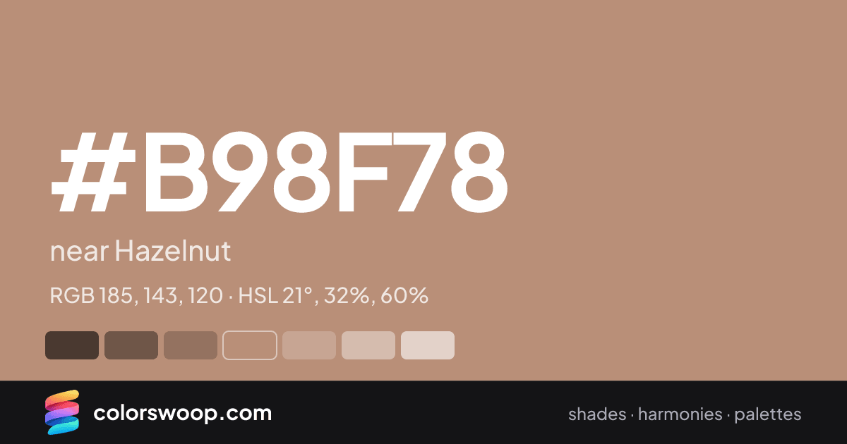 #B98F78 hex color card: near Hazelnut, RGB 185, 143, 120