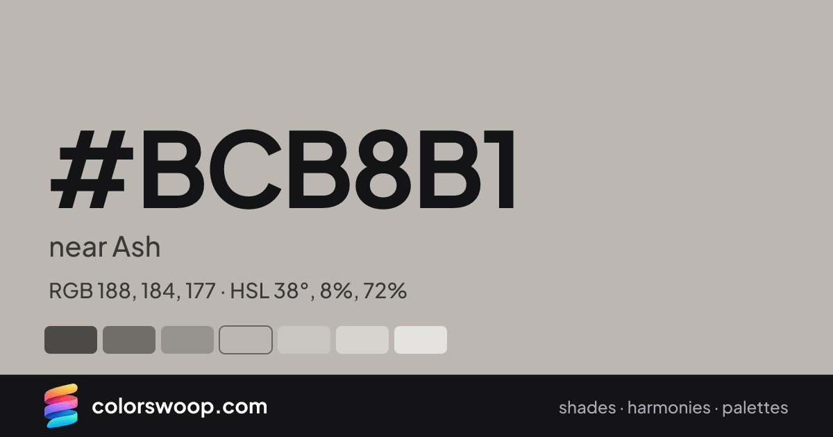 #BCB8B1 hex color card: near Ash, RGB 188, 184, 177