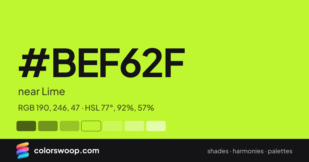 #BEF62F hex color card: near Lime, RGB 190, 246, 47