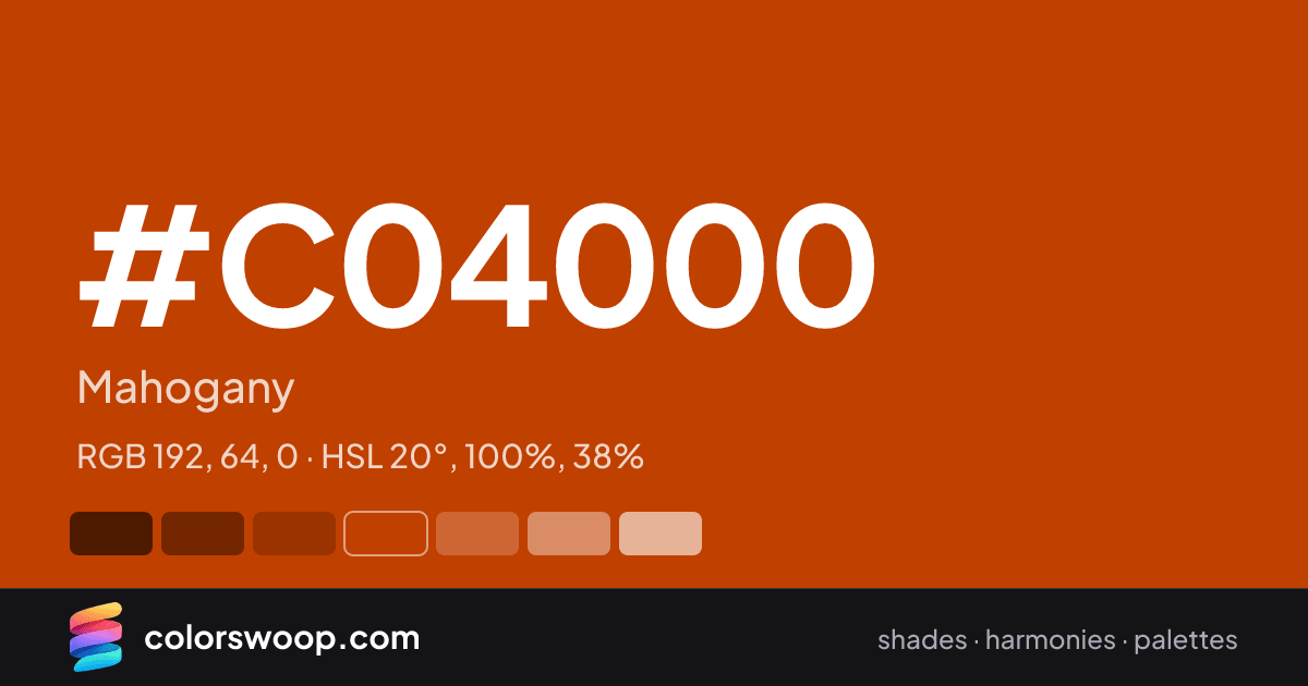 #C04000 hex color card: Mahogany, RGB 192, 64, 0