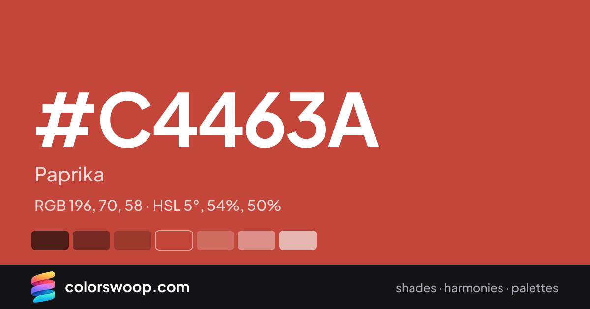 #C4463A hex color card: Paprika, RGB 196, 70, 58