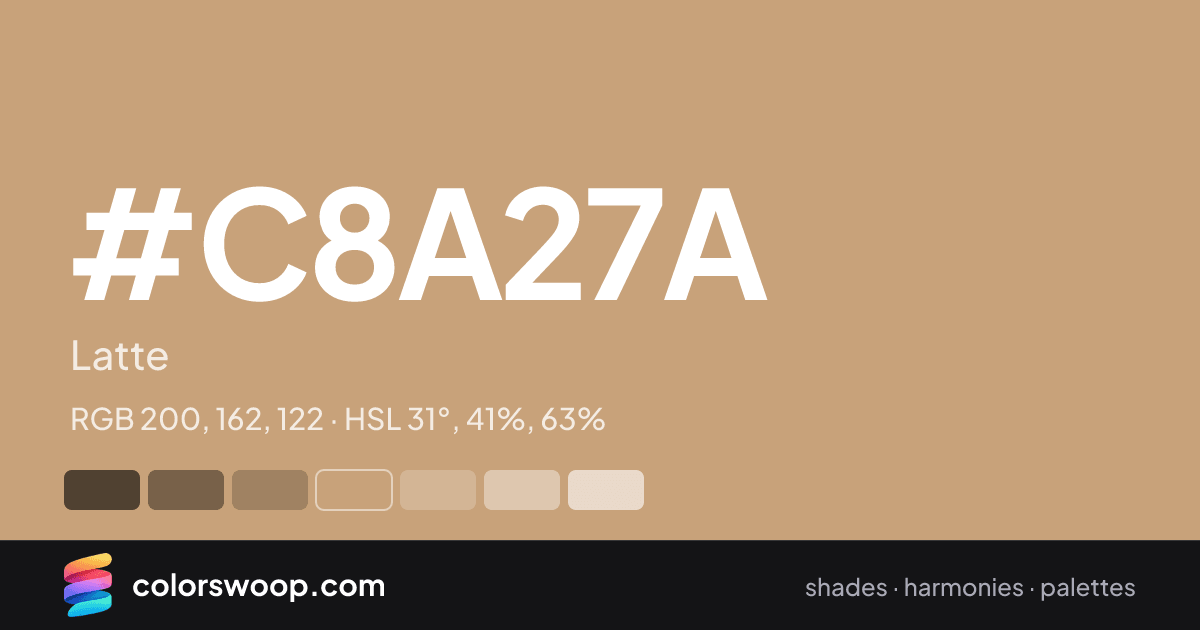 #C8A27A hex color card: Latte, RGB 200, 162, 122