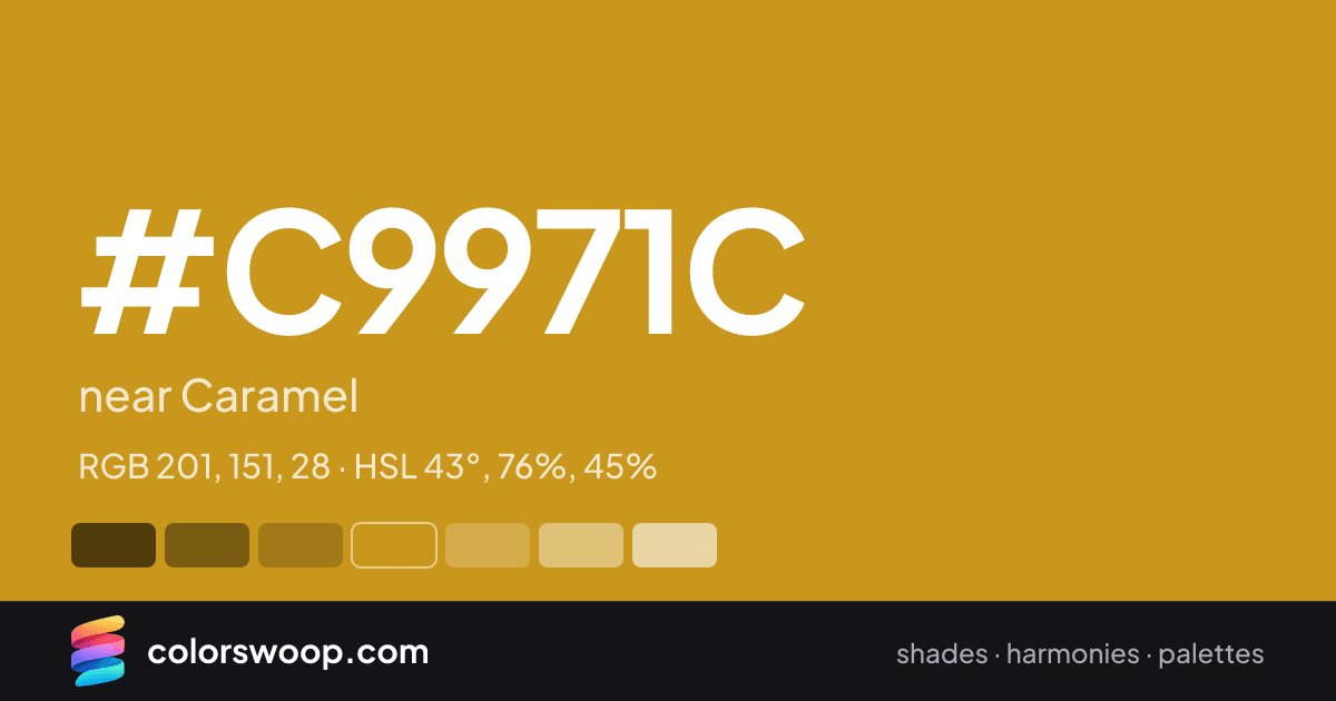 #C9971C hex color card: near Caramel, RGB 201, 151, 28