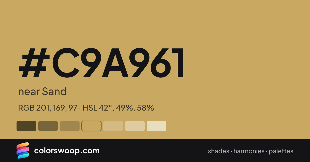 #C9A961 hex color card: near Sand, RGB 201, 169, 97