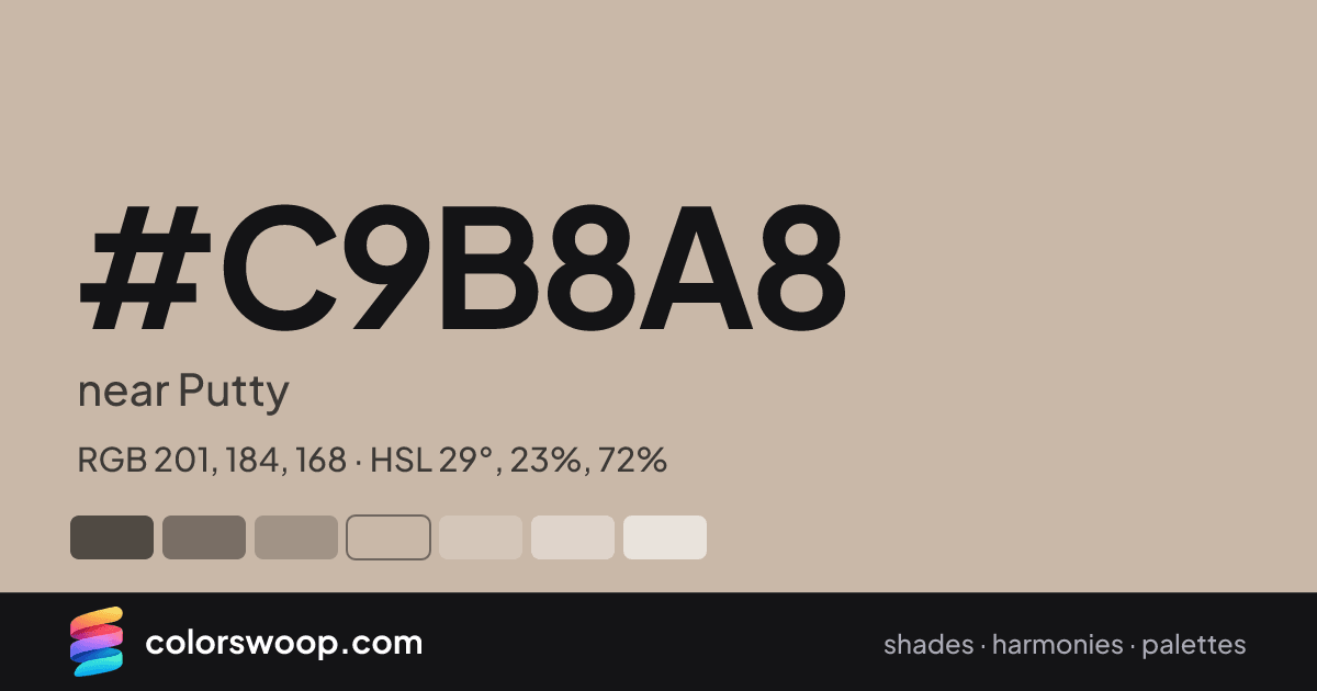 #C9B8A8 hex color card: near Putty, RGB 201, 184, 168
