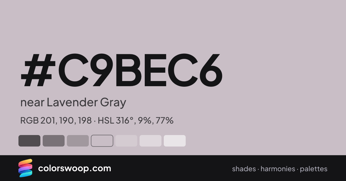 #C9BEC6 hex color card: near Lavender Gray, RGB 201, 190, 198