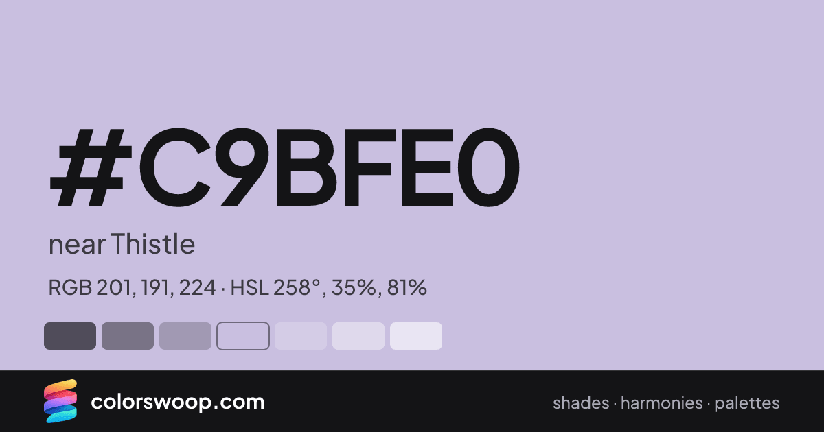 #C9BFE0 hex color card: near Thistle, RGB 201, 191, 224