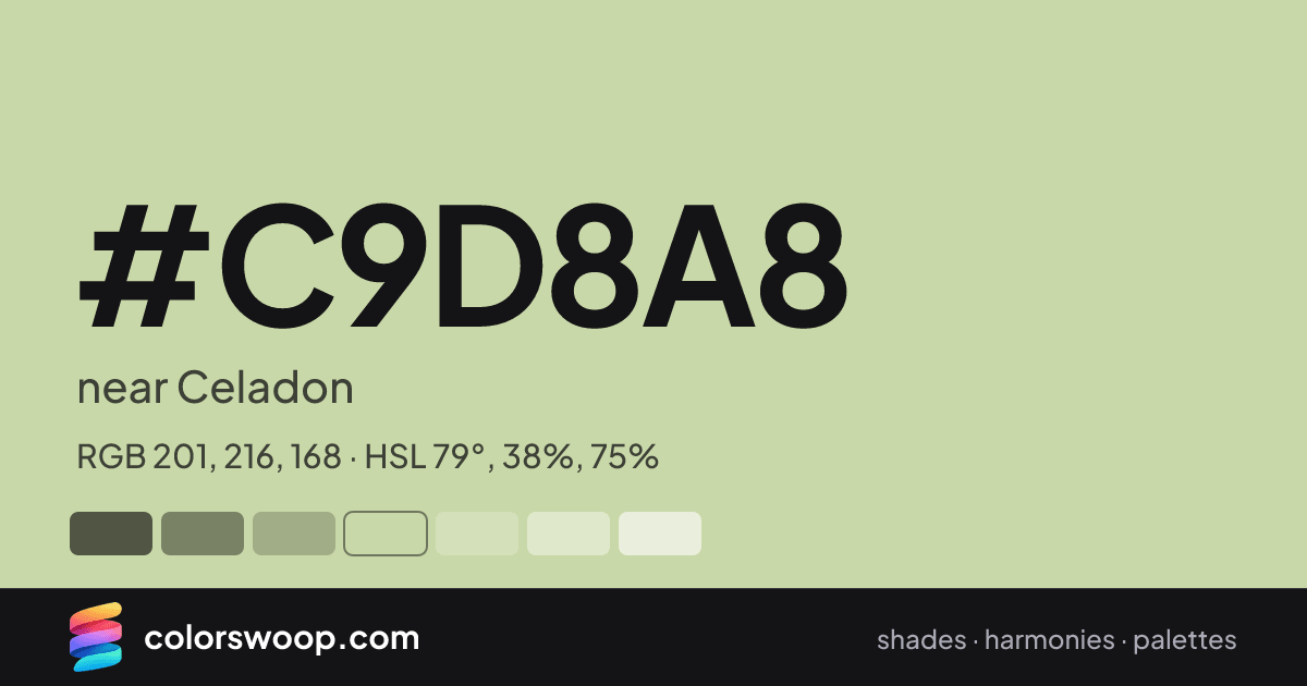 #C9D8A8 hex color card: near Celadon, RGB 201, 216, 168