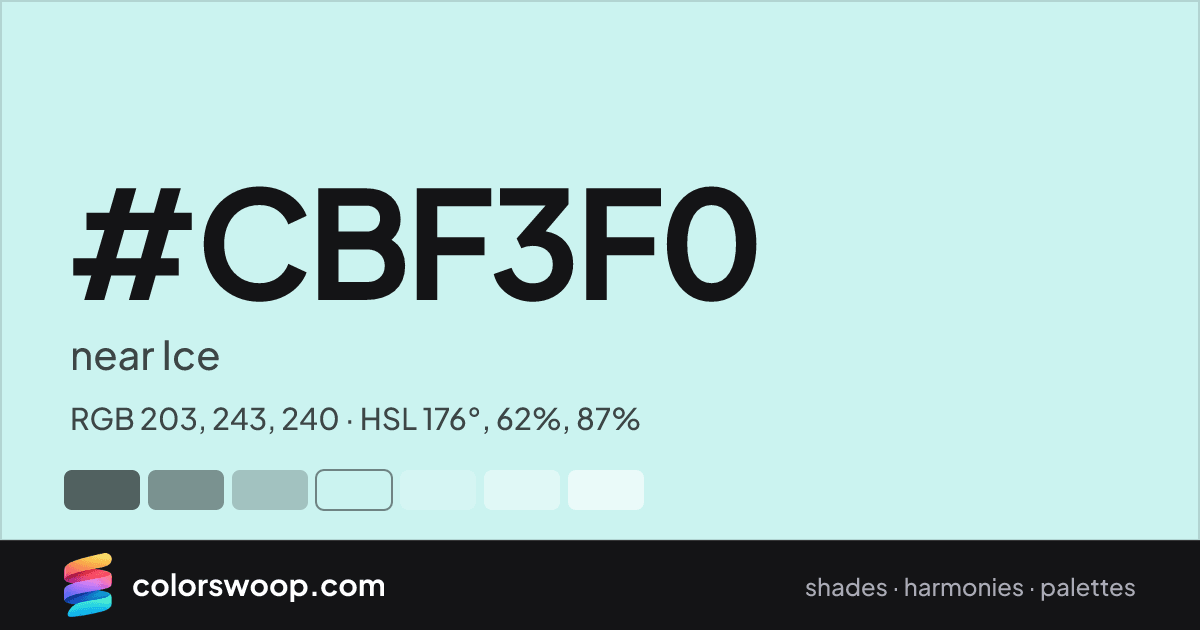 #CBF3F0 hex color card: near Ice, RGB 203, 243, 240