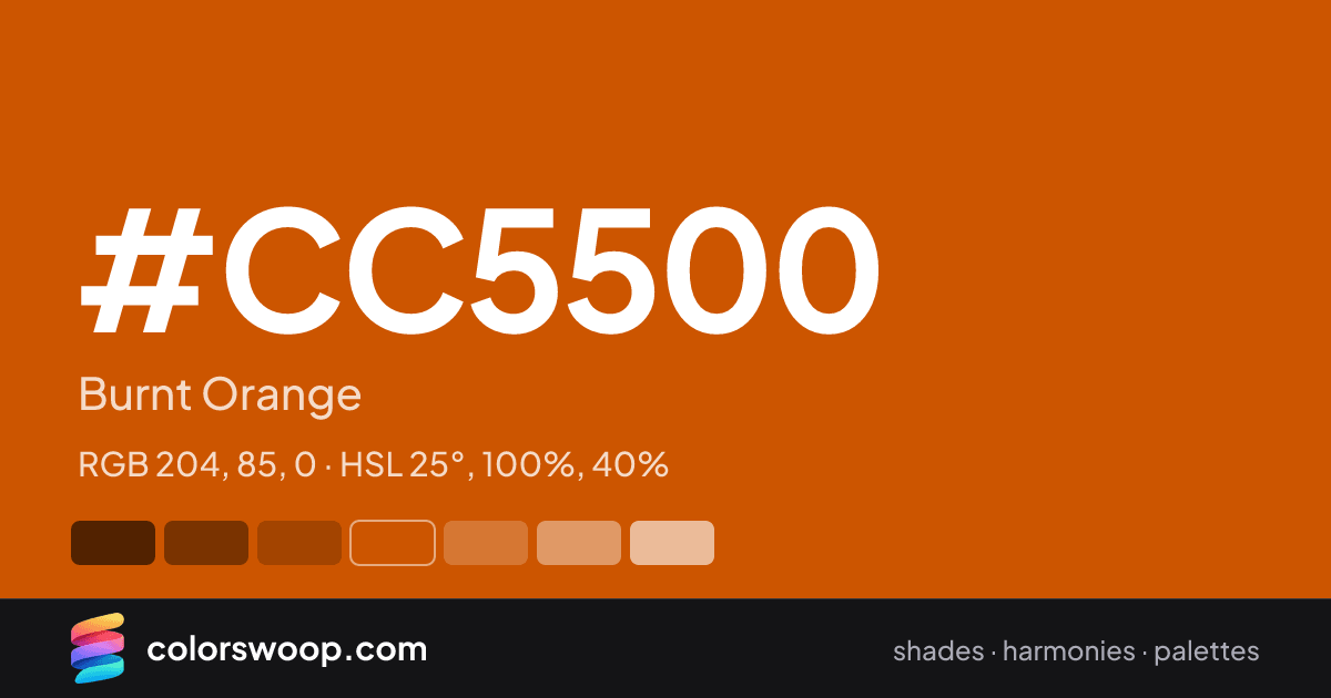 #CC5500 hex color card: Burnt Orange, RGB 204, 85, 0