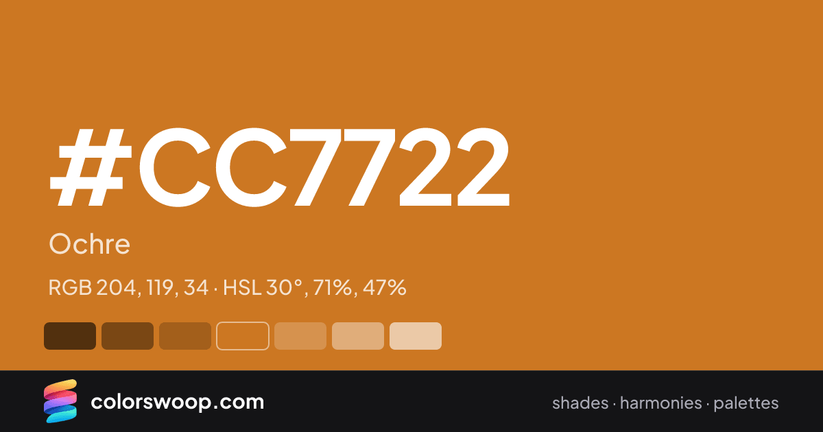 #CC7722 hex color card: Ochre, RGB 204, 119, 34
