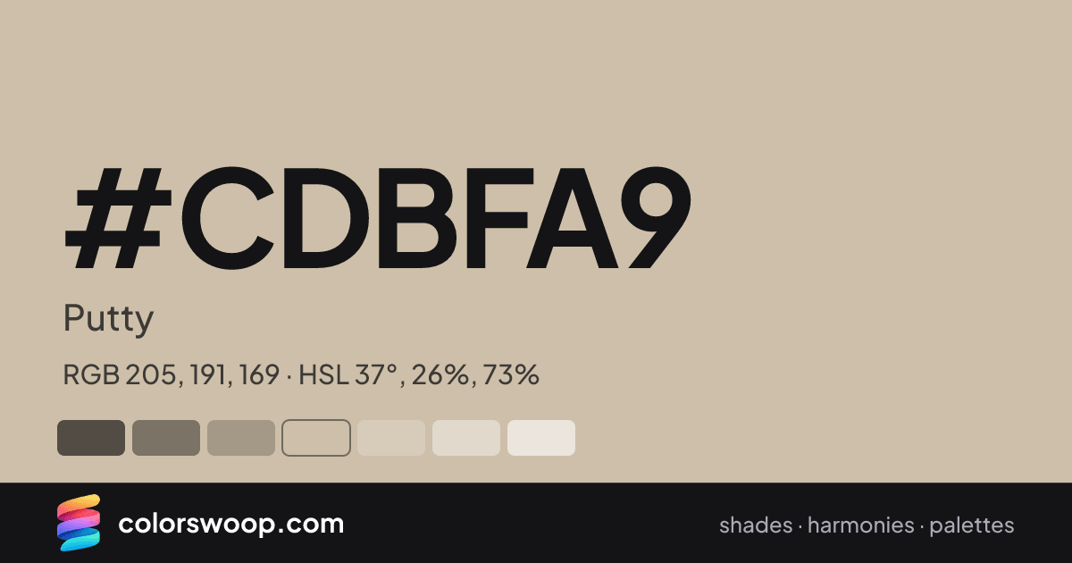 #CDBFA9 hex color card: Putty, RGB 205, 191, 169