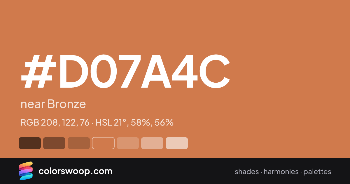 #D07A4C hex color card: near Bronze, RGB 208, 122, 76