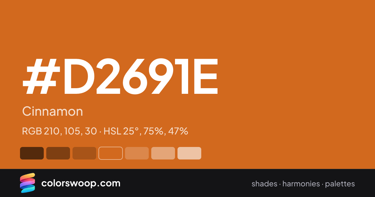 #D2691E hex color card: Cinnamon, RGB 210, 105, 30
