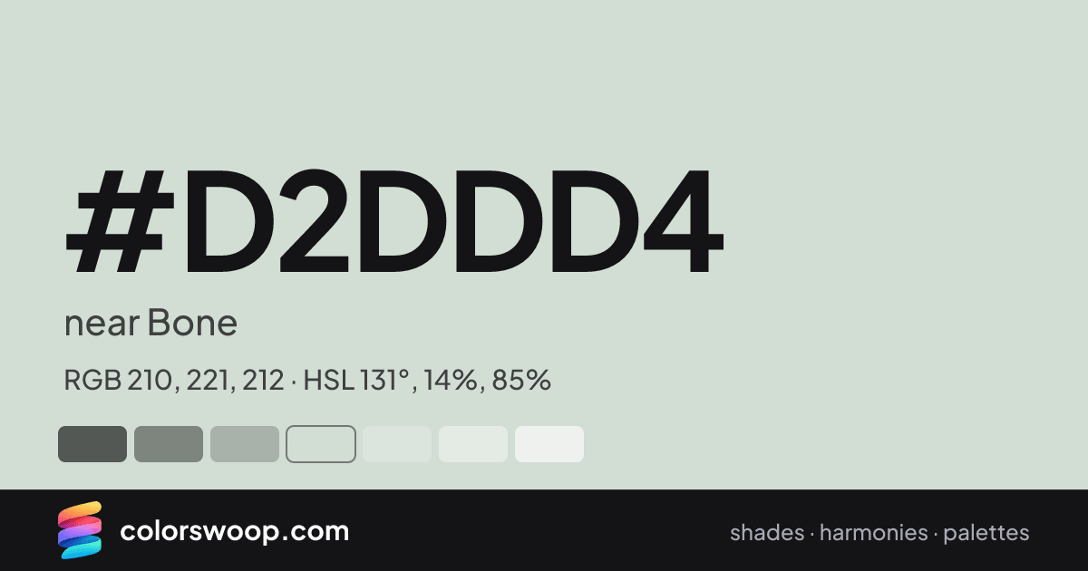 #D2DDD4 hex color card: near Bone, RGB 210, 221, 212