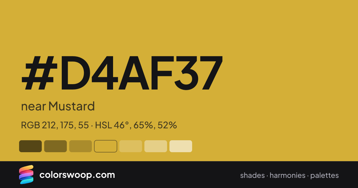 #D4AF37 hex color card: near Mustard, RGB 212, 175, 55