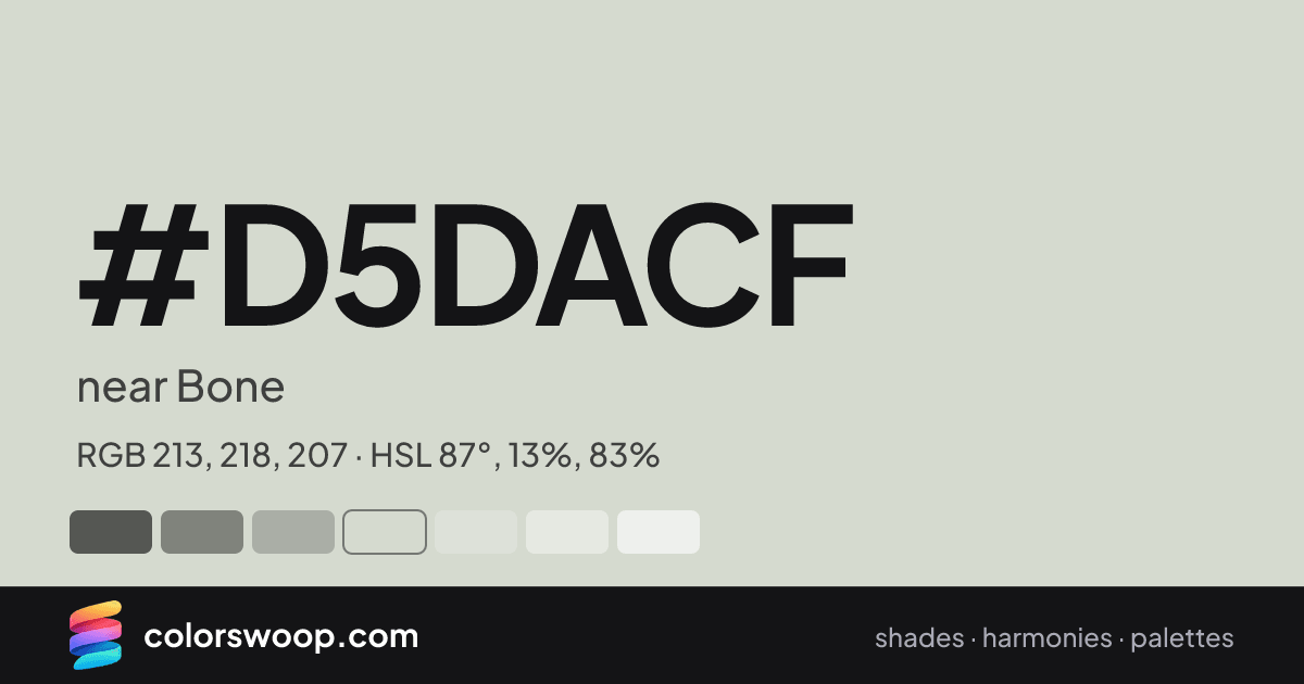 #D5DACF hex color card: near Bone, RGB 213, 218, 207