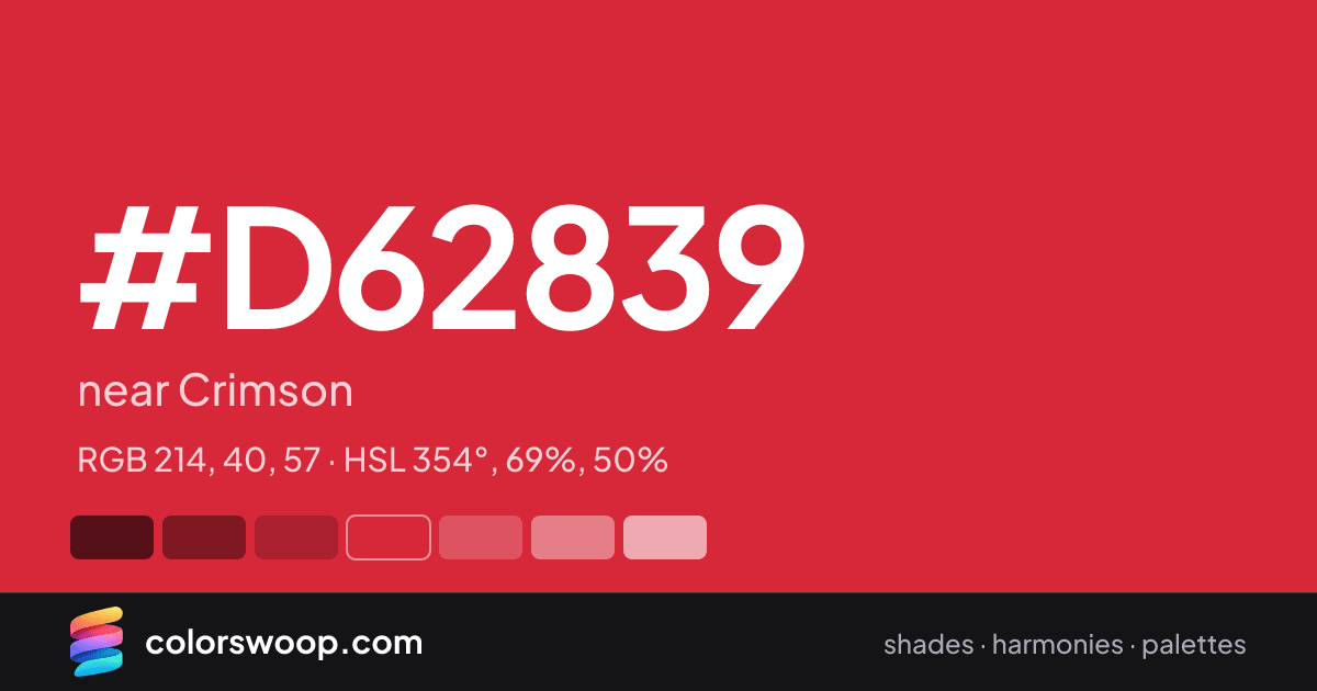 #D62839 hex color card: near Crimson, RGB 214, 40, 57