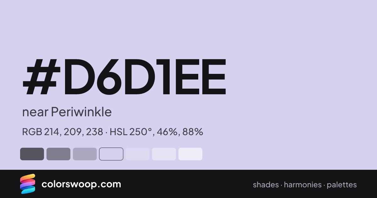 #D6D1EE hex color card: near Periwinkle, RGB 214, 209, 238