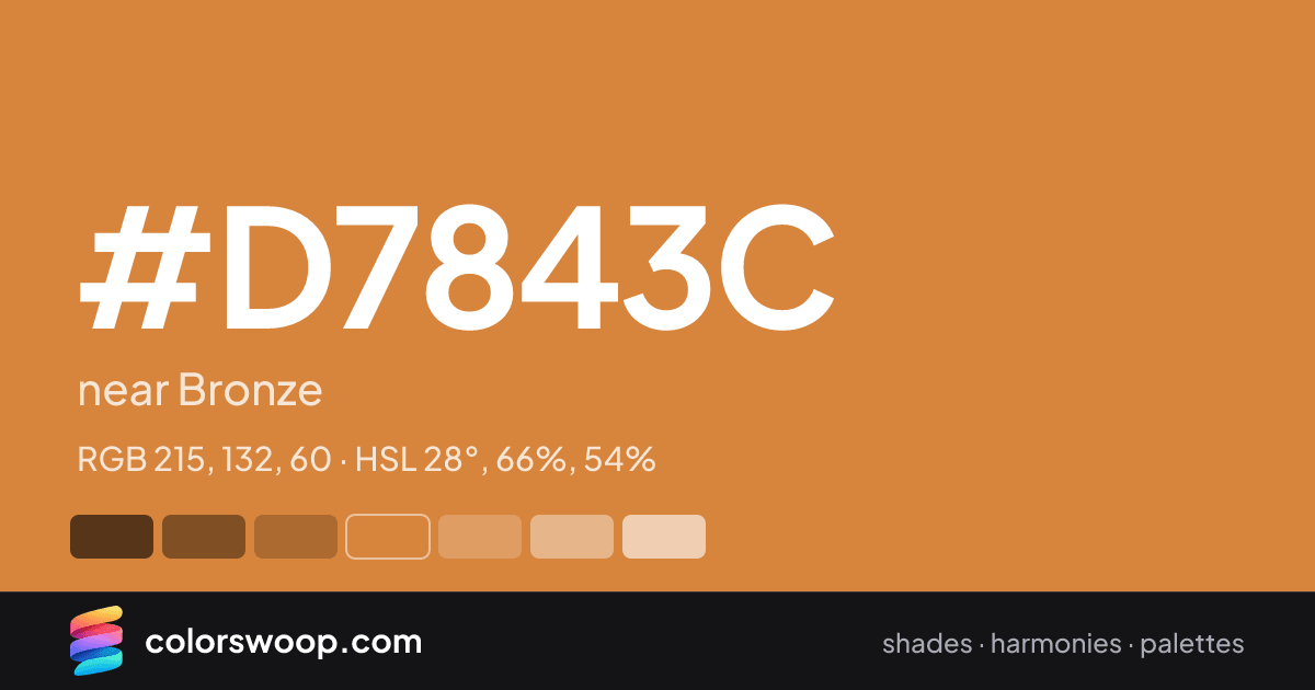 #D7843C hex color card: near Bronze, RGB 215, 132, 60