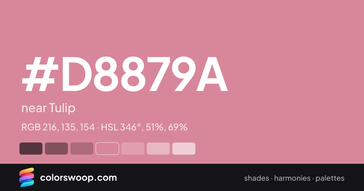 #D8879A hex color card: near Tulip, RGB 216, 135, 154