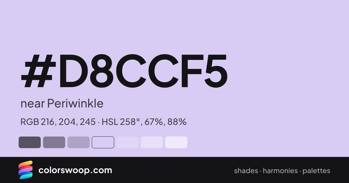 #D8CCF5 hex color card: near Periwinkle, RGB 216, 204, 245