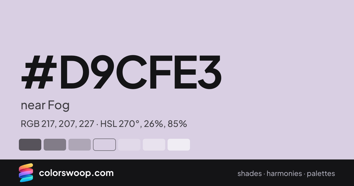 #D9CFE3 hex color card: near Fog, RGB 217, 207, 227