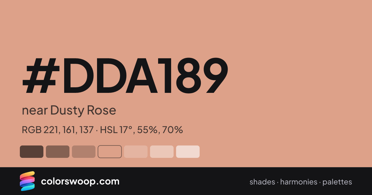 #DDA189 hex color card: near Dusty Rose, RGB 221, 161, 137